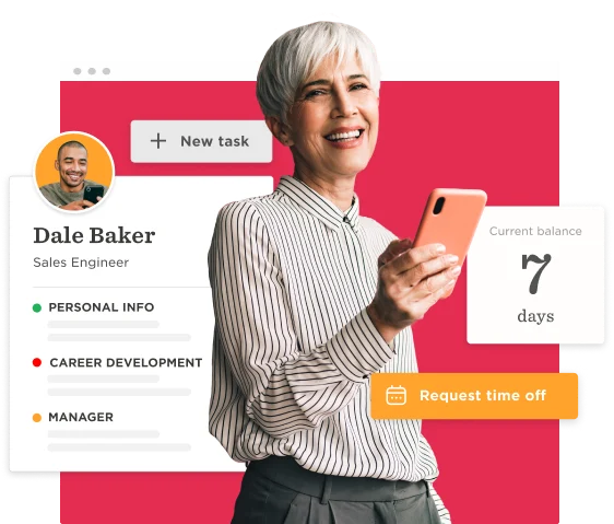 business woman smiling with smartphone at work, employee profile with task management interface and request time off button