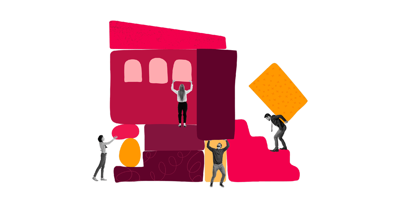 abstract construction teamwork, colorful shapes building progress