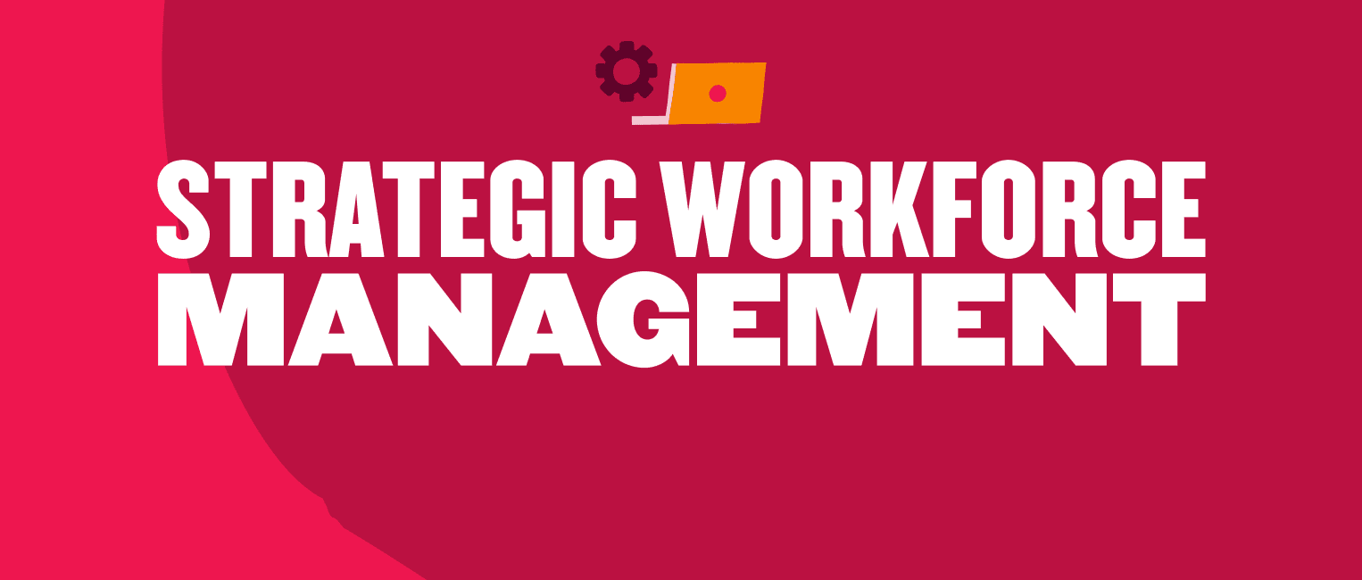strategic workforce management, bold typography on a vibrant red background with icons representing productivity and planning