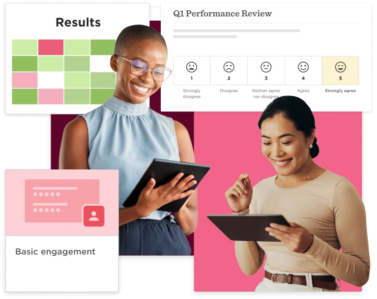 performance review, employees reviewing results on digital devices with engagement metrics displayed