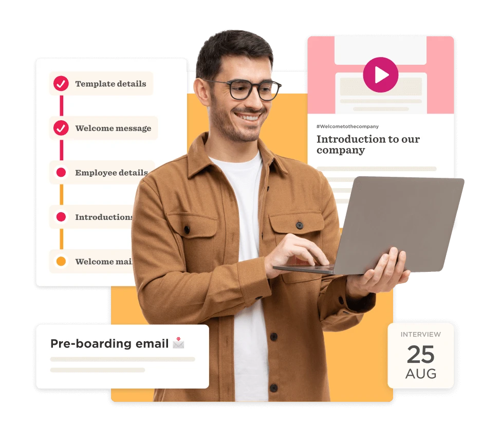 employee onboarding, laptop interface with pre-boarding details and a video introduction to the company