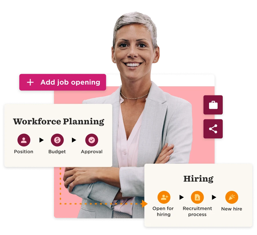 Add job opening, Workforce planning with hiring process and smiling woman in professional attire, promoting recruitment.