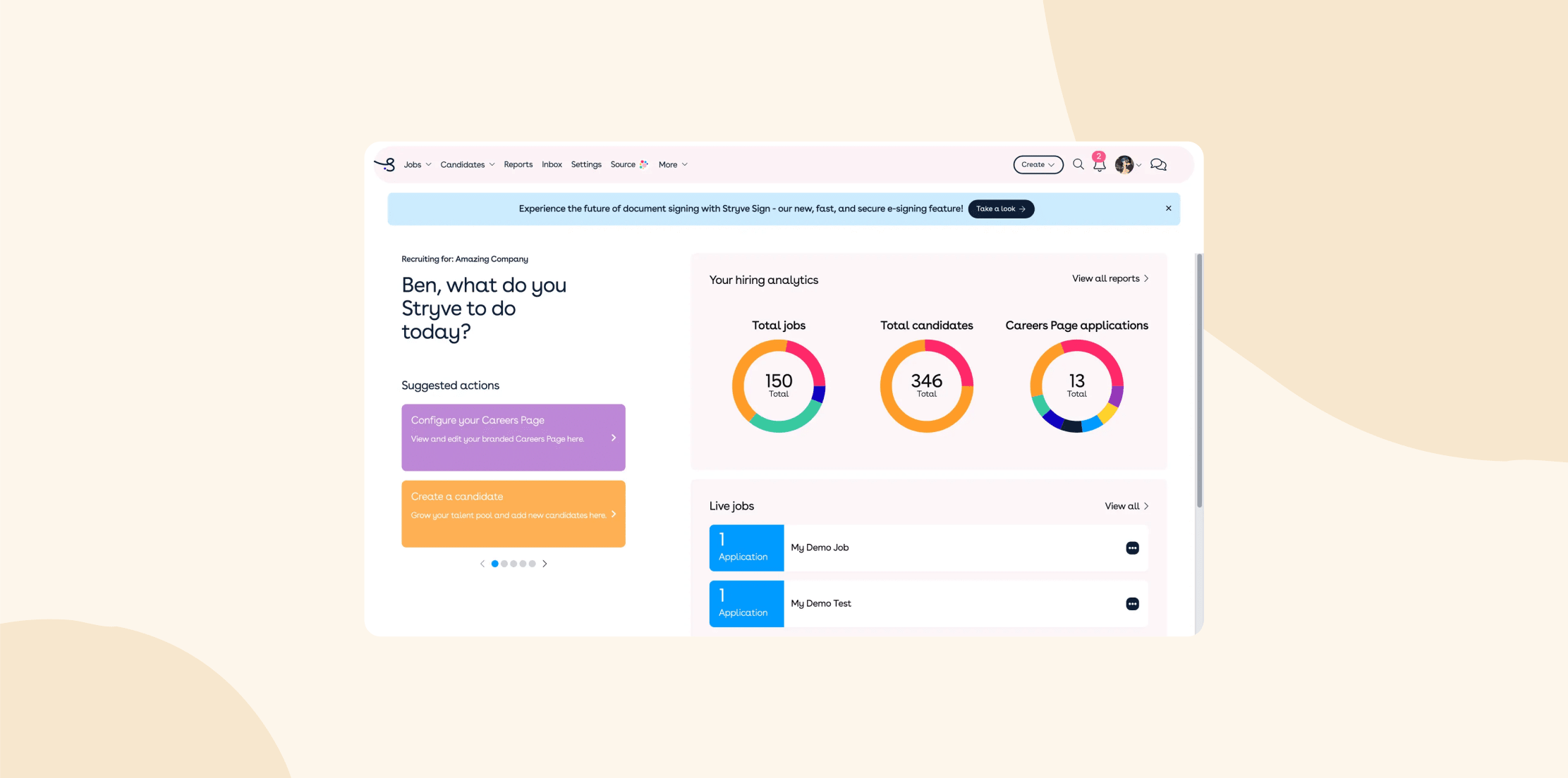 hiring dashboard, analytics overview with job applications and suggested actions for user engagement
