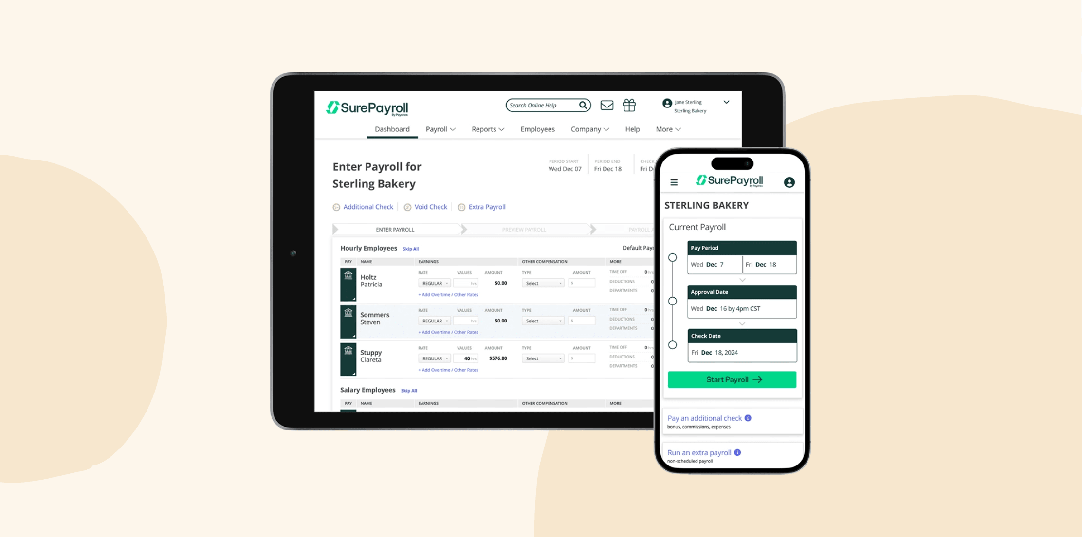 payroll dashboard for Sterling Bakery on tablet and smartphone, SurePayroll interface displaying employee earnings and pay period