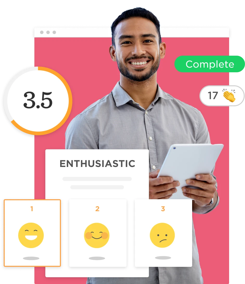 3.5 rating graphic with smiling emojis, man holding a tablet, showing engagement and feedback elements, Enthusiastic feedback interface with rating system.