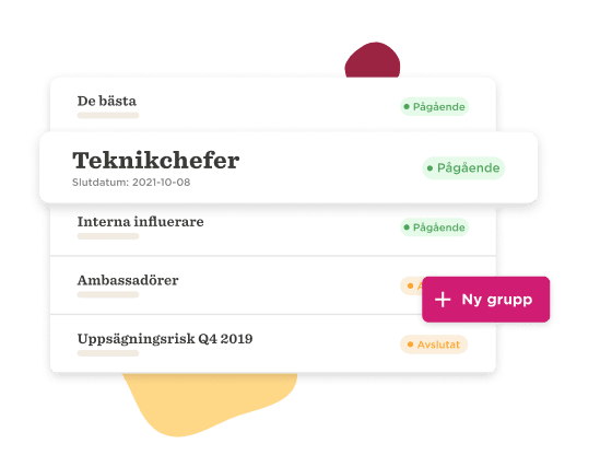 Teknikchefer list with tasks, statuses, and an option to create a new group in a colorful interface. , task list, user interface
