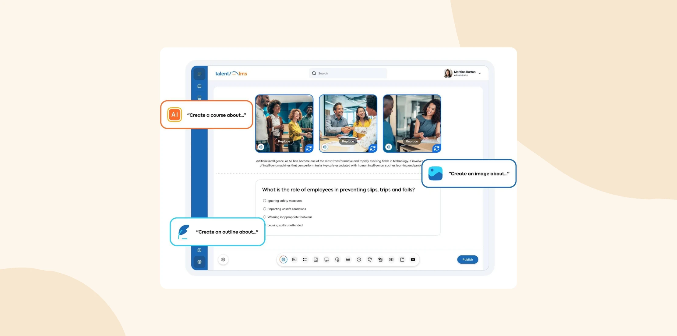 AI-generated content creation interface, showcasing course prompts and images for training materials, Interactive platform for learning design and course development.