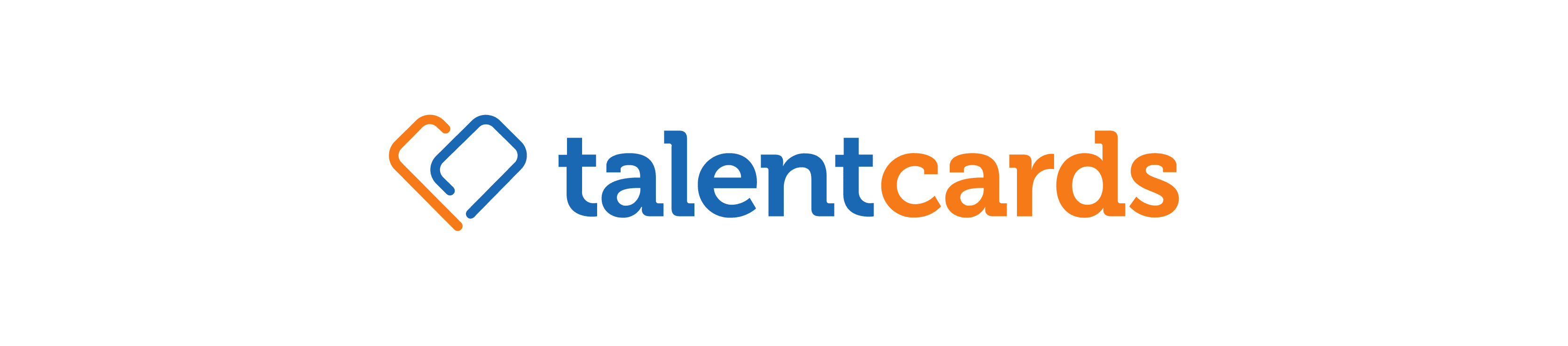 talentcards logo featuring a heart and card design in blue and orange against a black background, modern, professional branding symbolizing talent development