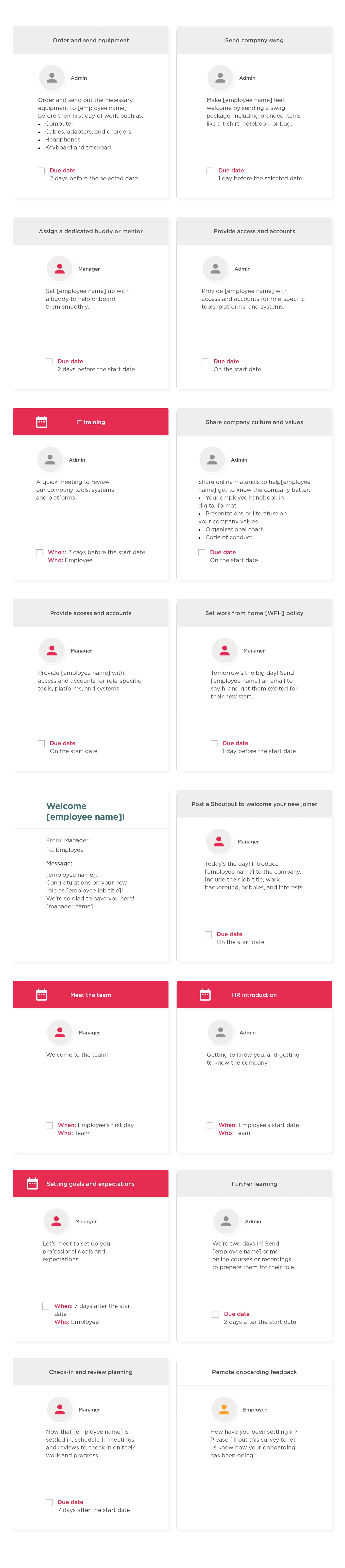 order and send equipment, welcome employee templates