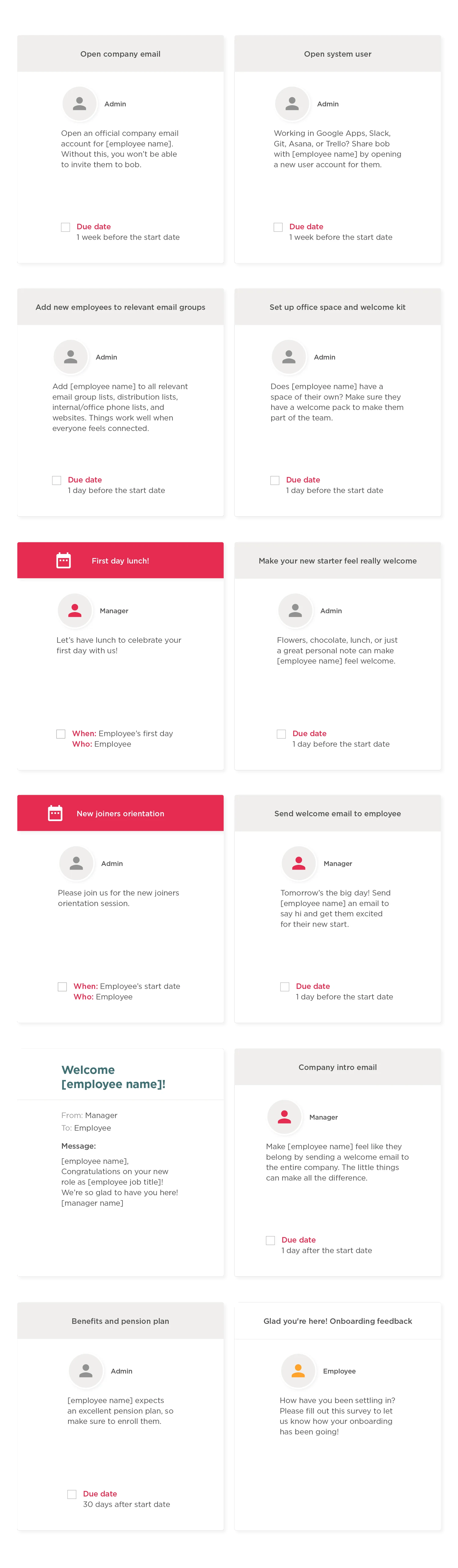 employee onboarding checklist, tasks for new hires with due dates and welcome messages
