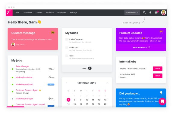 Hello there, Sam interface with tasks, job listings, and updates in a user-friendly layout. Calendar overview included., User dashboard showcasing tasks and job responsibilities with colorful updates.