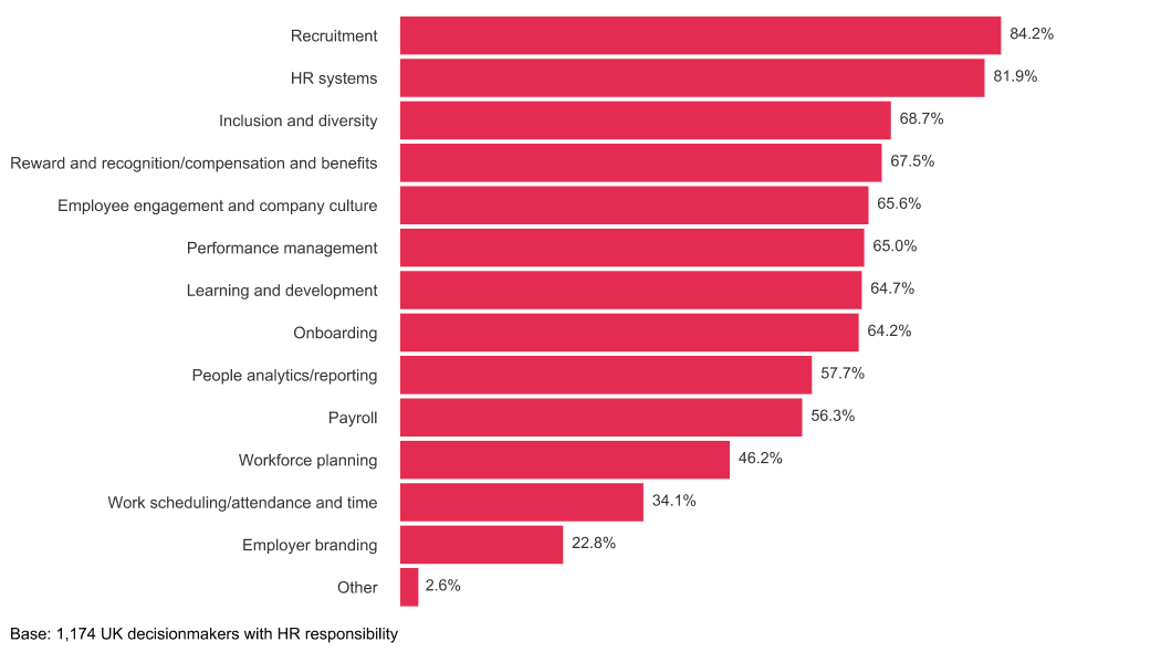 Recruitment and HR systems lead UK decision-makers' priorities, showcasing essential HR focus areas with percentages. HRpriorities, UKdecisions
