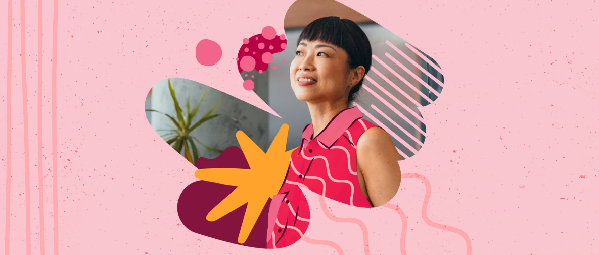 colorful background, woman smiling in bright pink outfit with abstract shapes and plant in soft focus