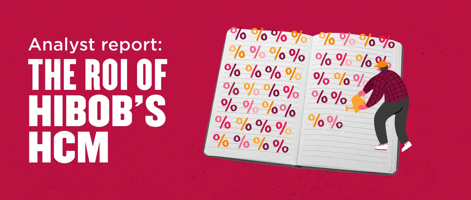analyst report on Hibob's HCM ROI with illustrated percentage symbols on a notebook, illustrative character examining data analysis