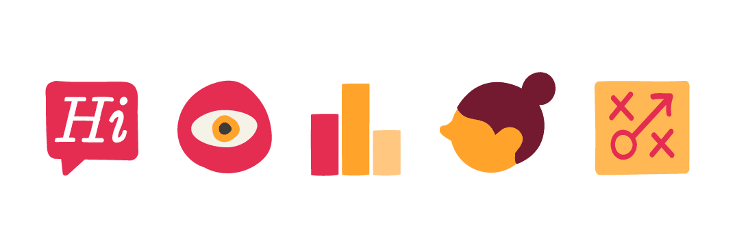 chat bubble, eye chart, bar graph, user icon, strategy symbol