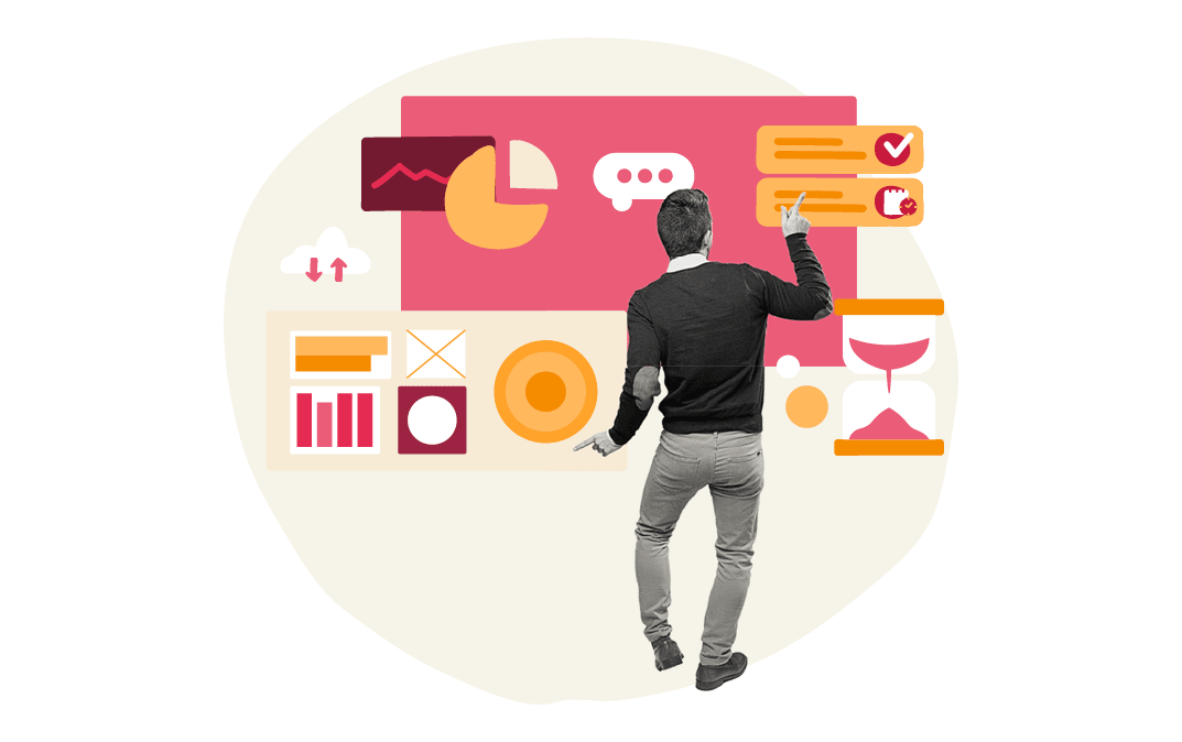 man interacting with data visuals, including charts, icons, and notifications in a modern workspace, data analysis and visualization tools