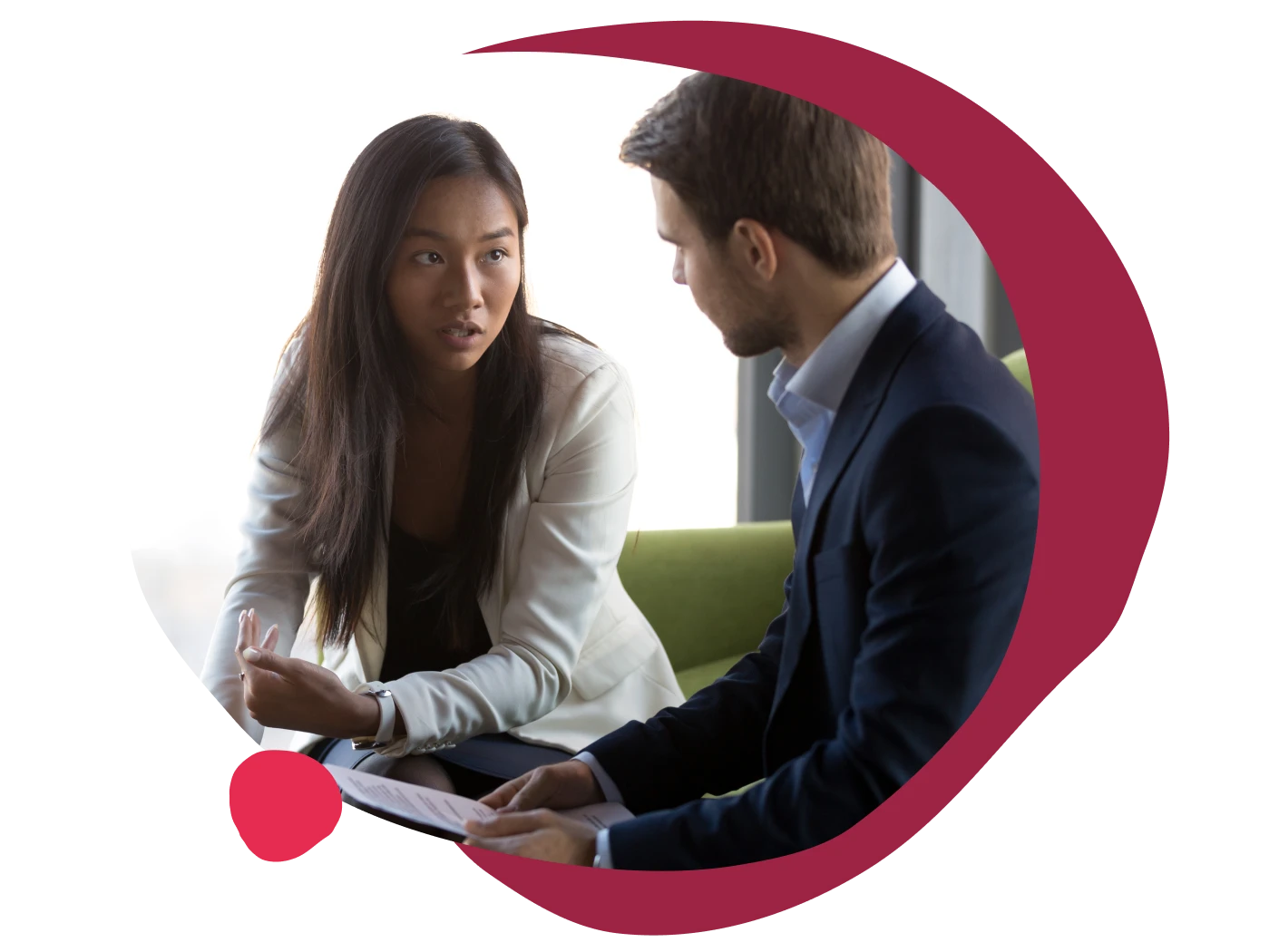 business meeting, vibrant conversation between two professionals in modern office setting