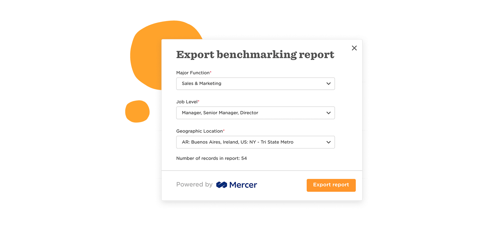 export benchmarking report interface, major function job level geographic location details