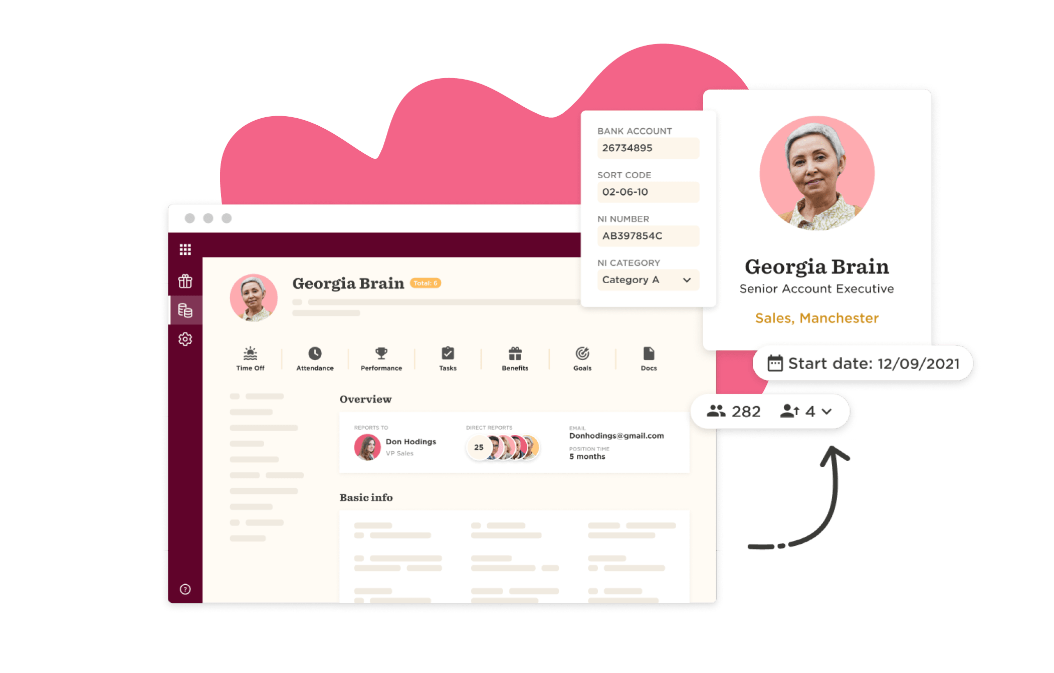 Georgia Brain profile interface displaying role, attendance, and important details for an account executive in sales., Profile interface, details, account executive, sales, Georgia Brain
