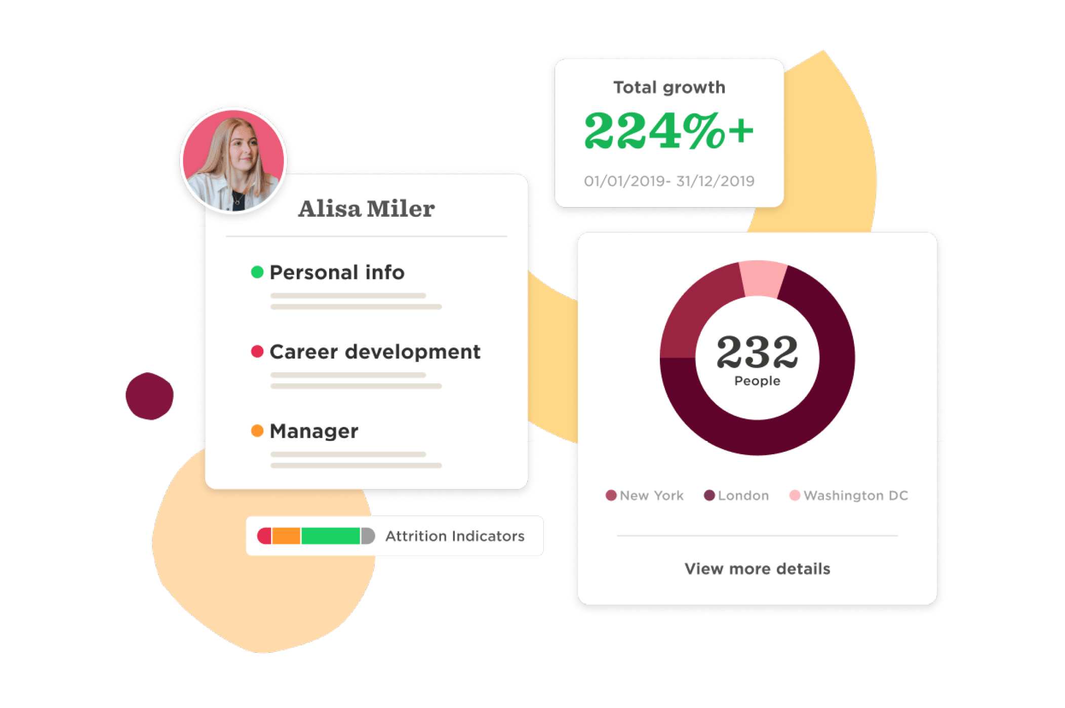 Alisa Miler profile with 224% growth, career stats, and attrition indicators in colorful infographic style. , AlisaMiler, CareerStatistics