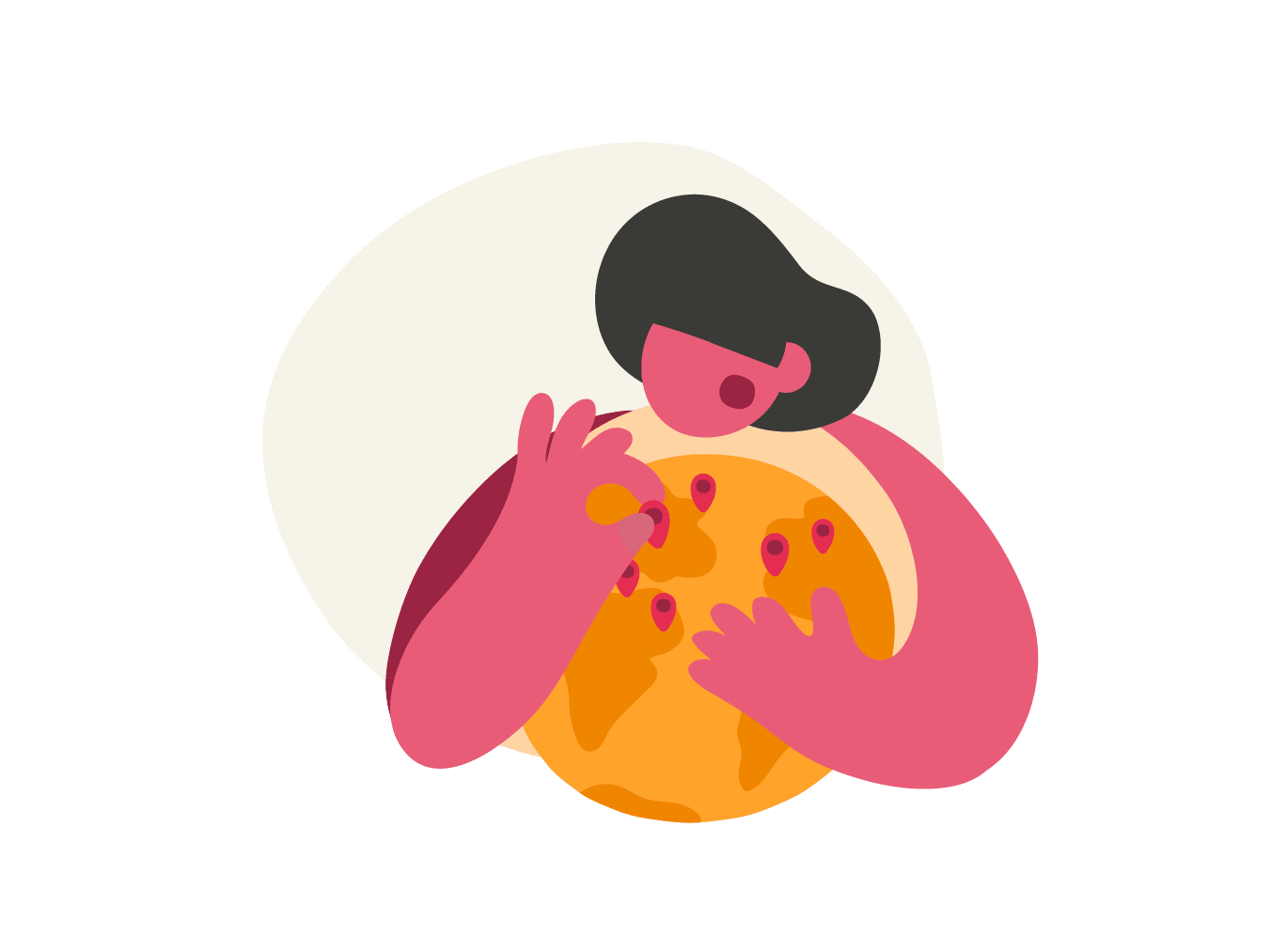 person hugging a colorful globe with pins, representing global connection and awareness, vibrant illustration of human and earth interaction