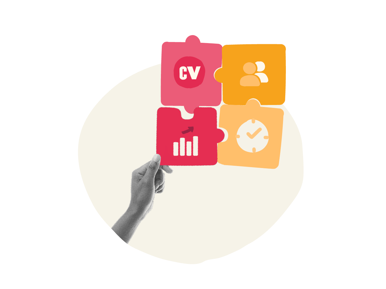 puzzle pieces, hand holding elements representing CV, growth, people, and time management