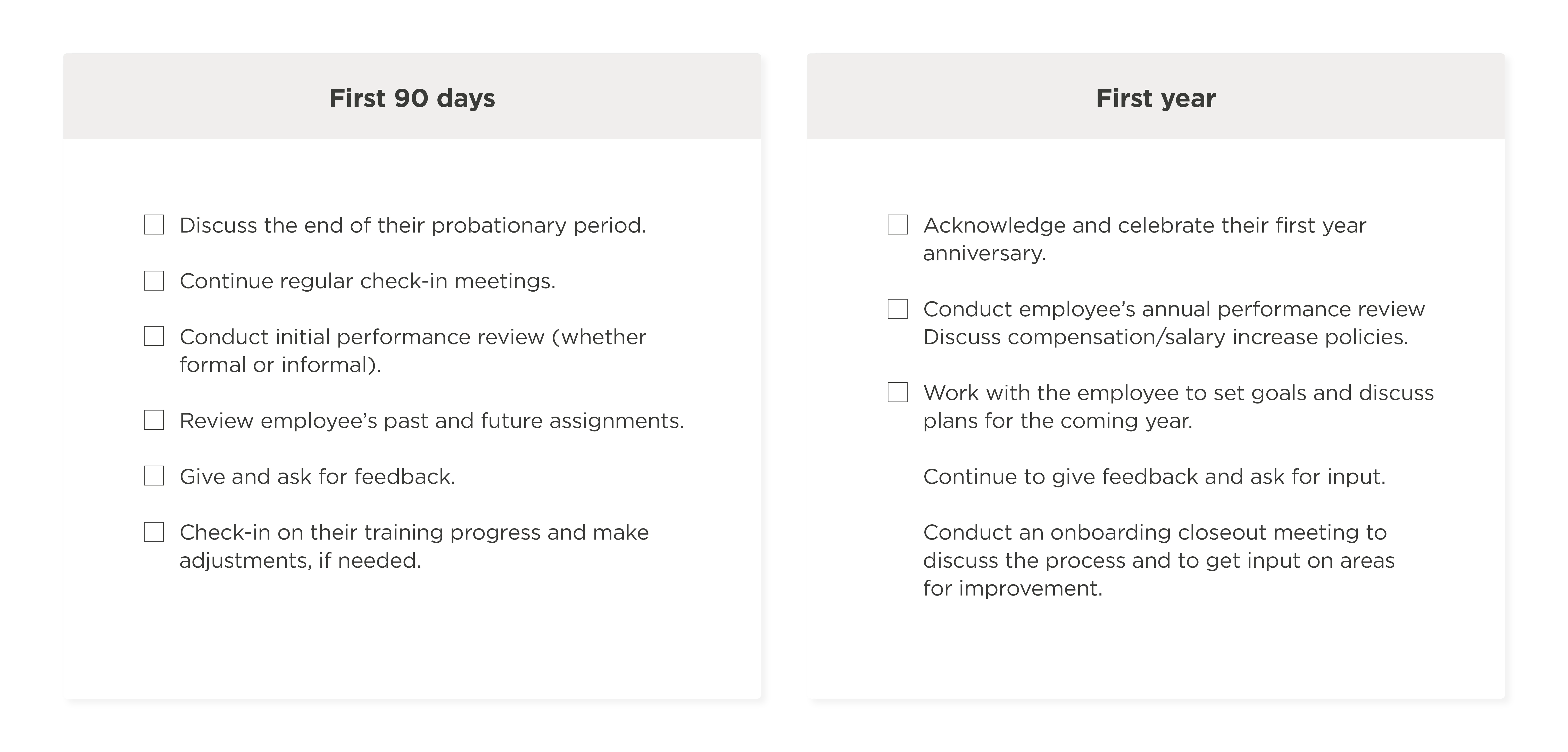 employee onboarding checklist first 90 days and first year, performance reviews feedback meetings training goals