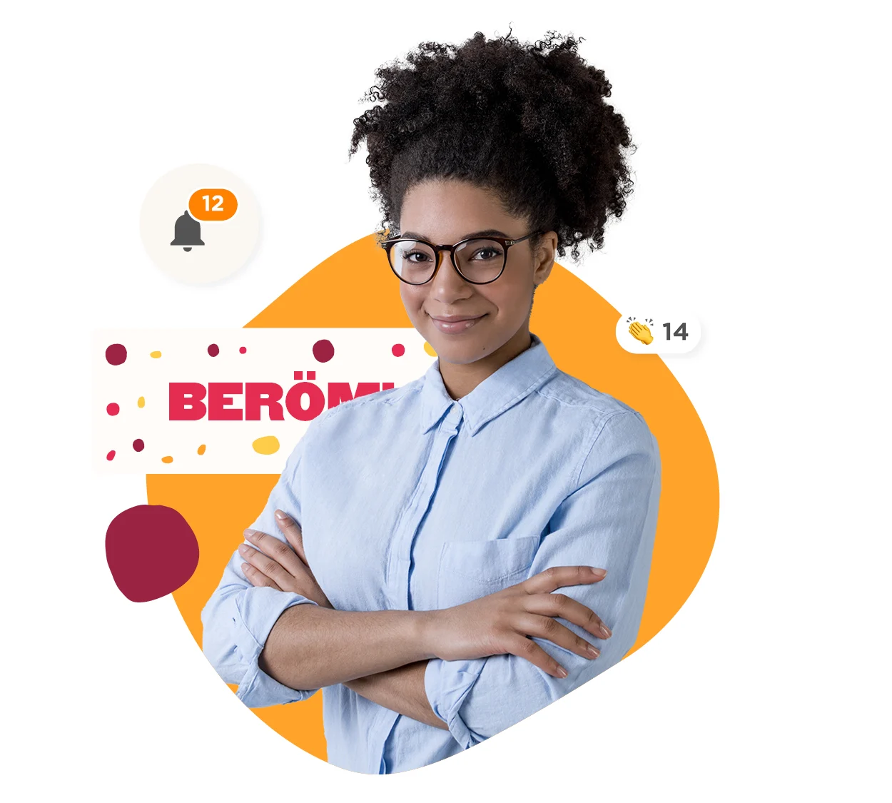 young woman with curly hair wearing glasses, smiling confidently, surrounded by colorful graphics and notifications, confident professional in casual blue shirt, featuring graphics with text "BERÖMÜ" and notification icons