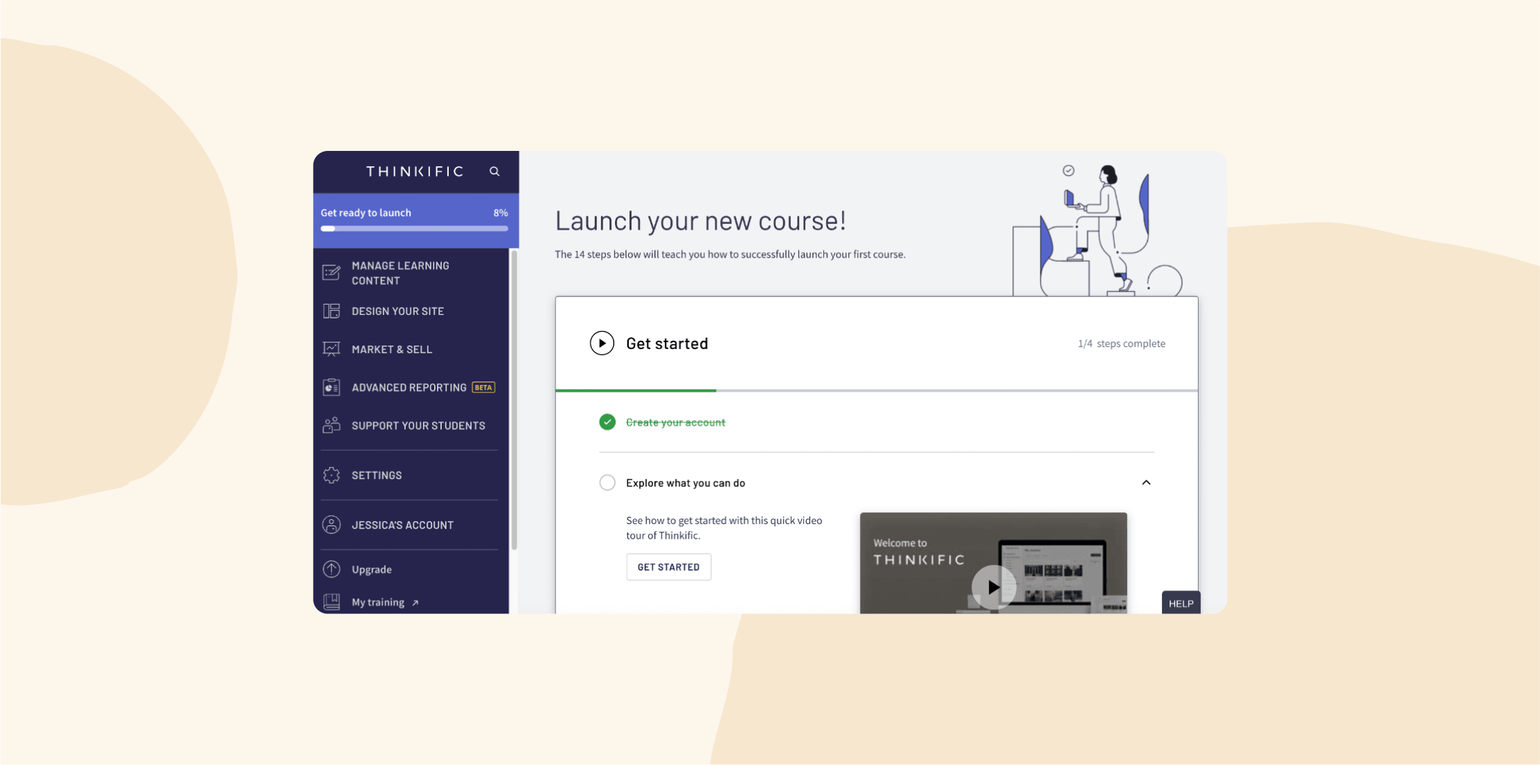 Thinkific course launch interface with progress bar, welcome message, and options to create an account or explore features. , Thinkific, CourseLaunchInterface