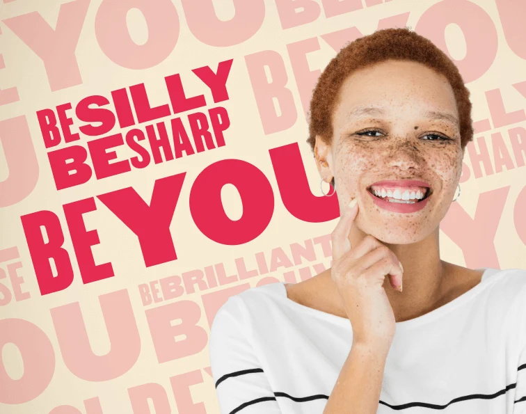 smiling woman with short hair and freckles, wearing a striped shirt, promoting self-acceptance and positivity, colorful background with inspirational phrases