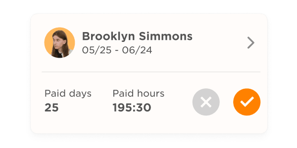 Brooklyn Simmons summary with paid days, paid hours, and date range in a clean interface. 25 days, 195:30 hours. , BrooklynSimmons, paiddayspaidhours