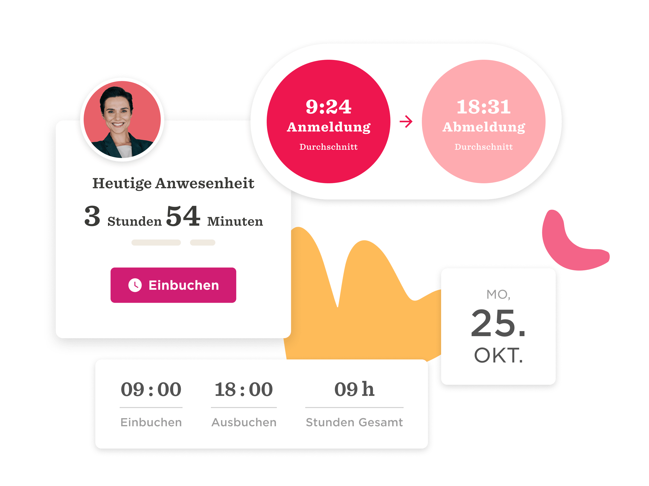 Einbuchung, Anwesenheit 3h54m am 25. Oktober, mit Check-in und Check-out Zeiten digital dargestellt.
