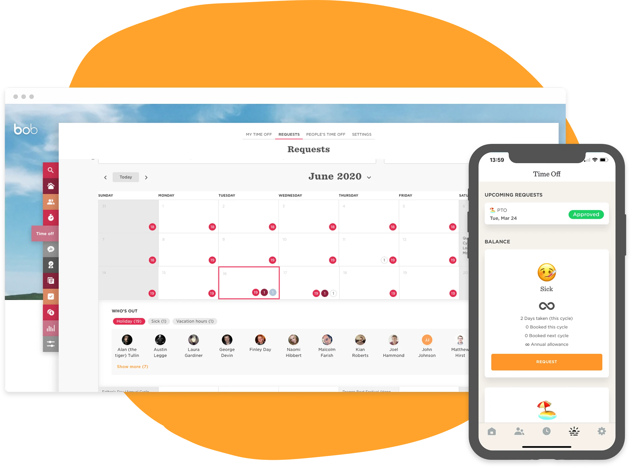 calendar interface, time off request mobile view