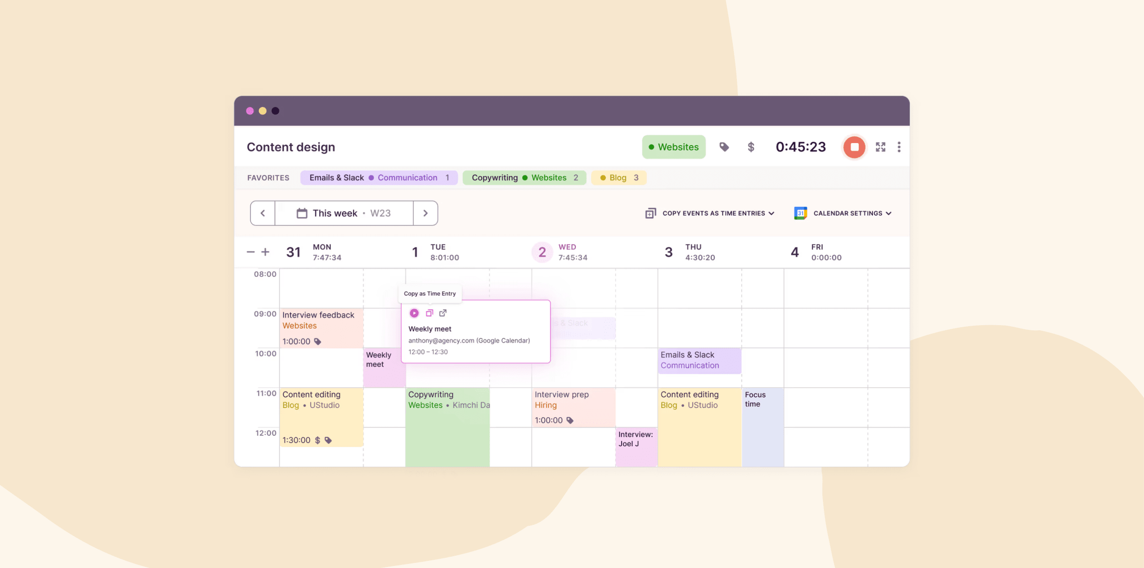 content design weekly planner view with scheduled tasks, events, and time tracking in a visually organized layout, calendar interface showcasing content-related meetings and deadlines