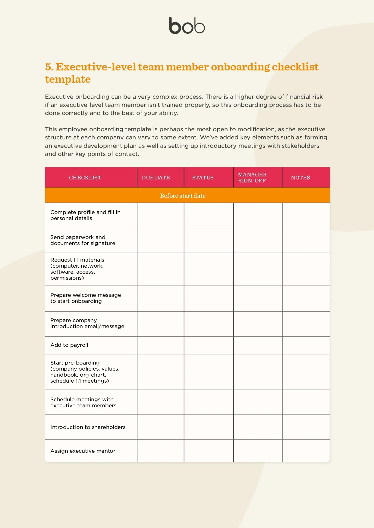 executive-onboarding-checklist, preboarding-process-template