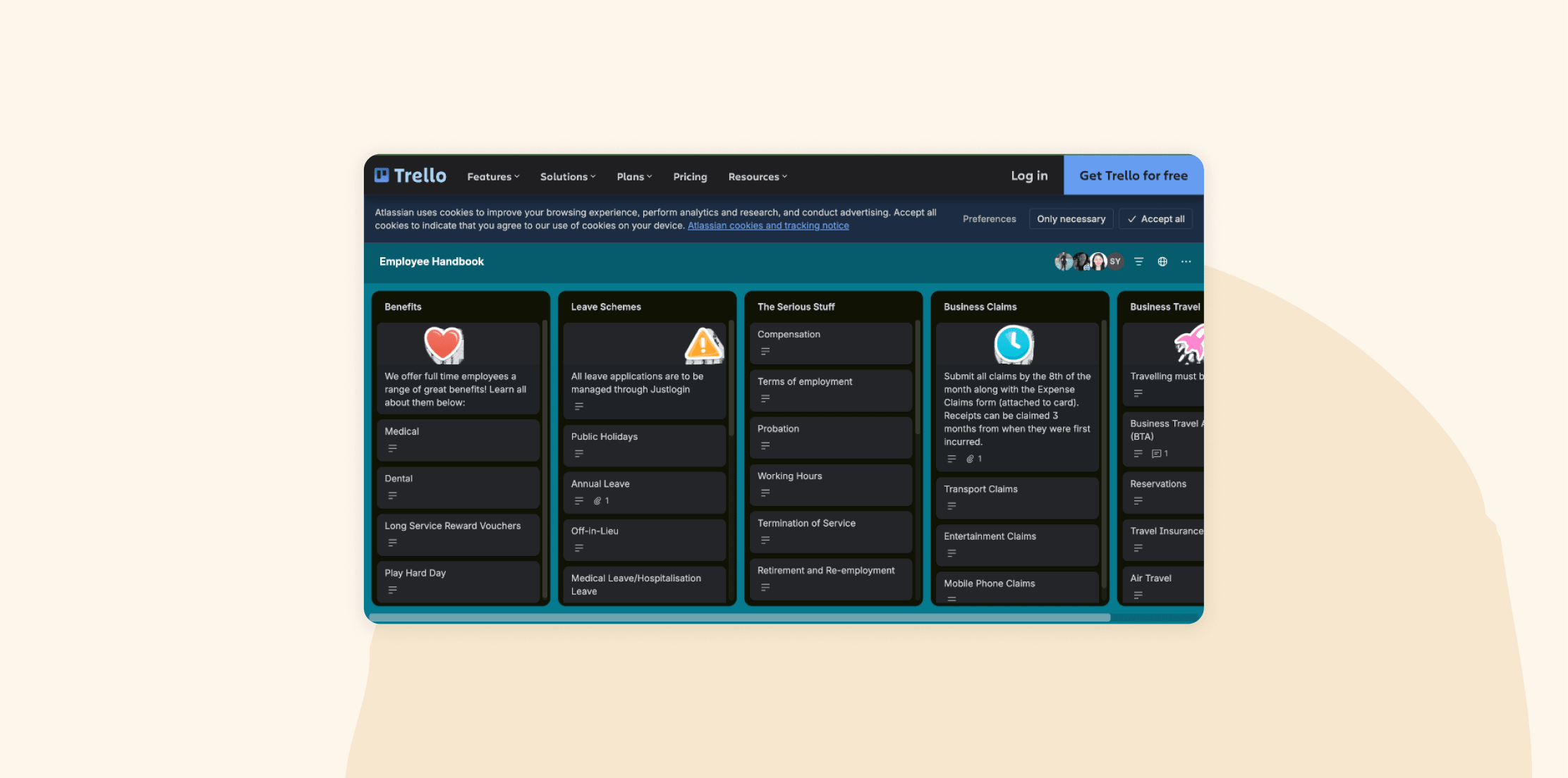 Trello employee handbook displayed as a board with sections like benefits, leave, and company policies