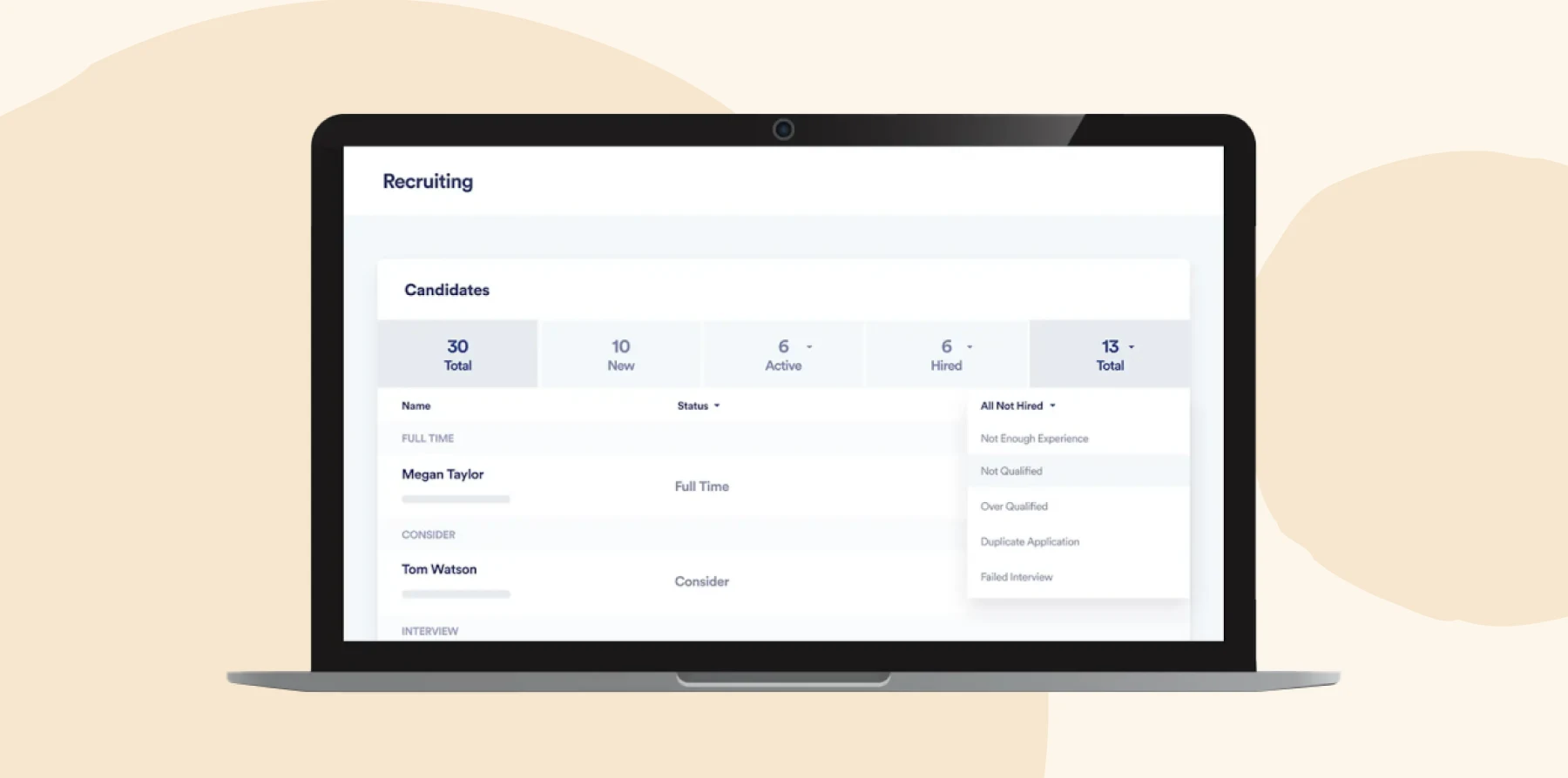 recruiting dashboard with candidate statistics, showing 30 total, 10 new, and 6 hired on a laptop screen, hiring process interface with candidate names and statuses displayed