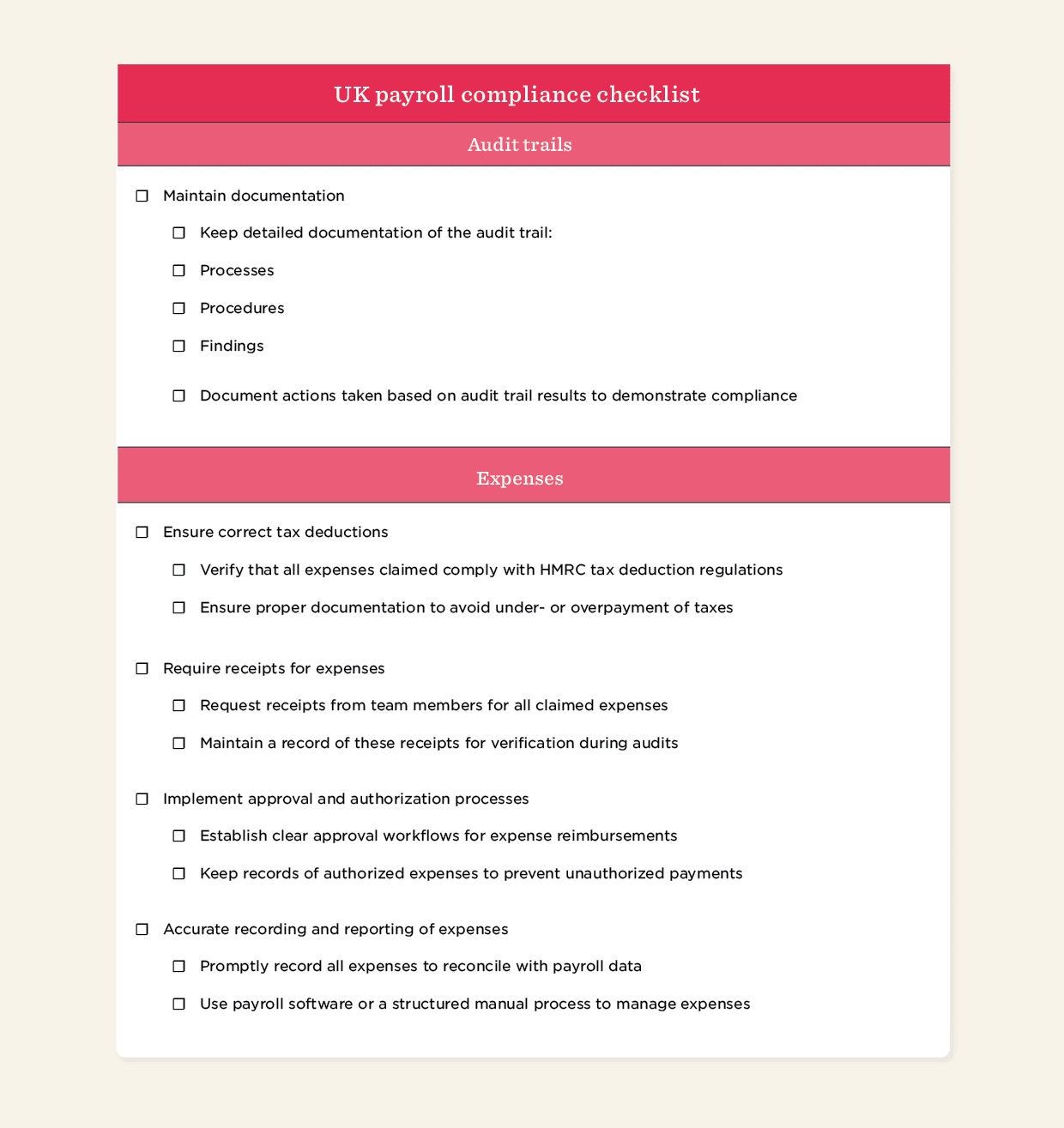 UK payroll compliance checklist outlining audit trails and expense management, focusing on documentation and taxation, Payroll compliance guidelines for tax deductions, receipts, and expense recording for audits.