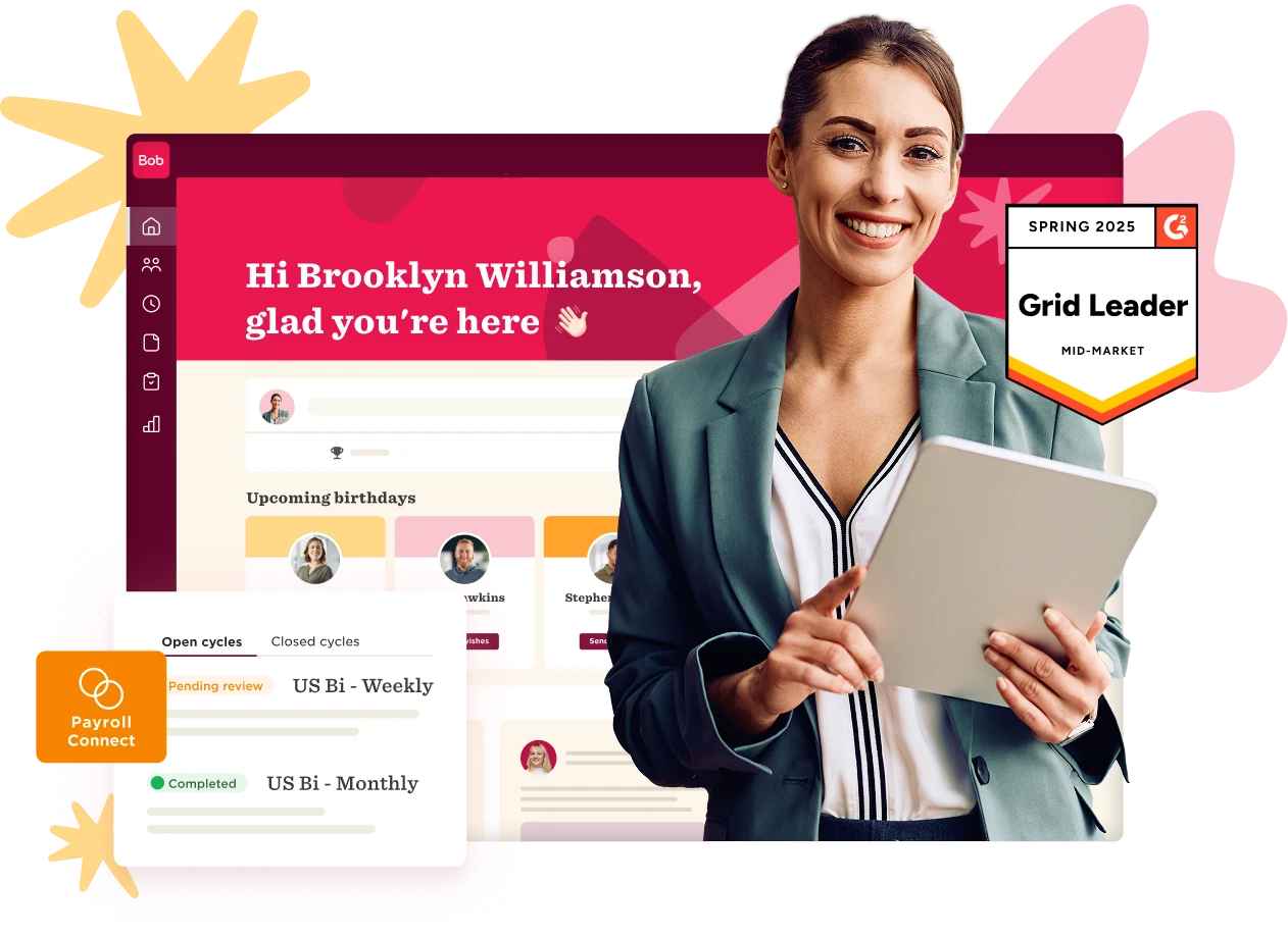 Payroll software interface with a professional woman holding a tablet, showcasing user engagement on the platform. Bob, Payroll Connect