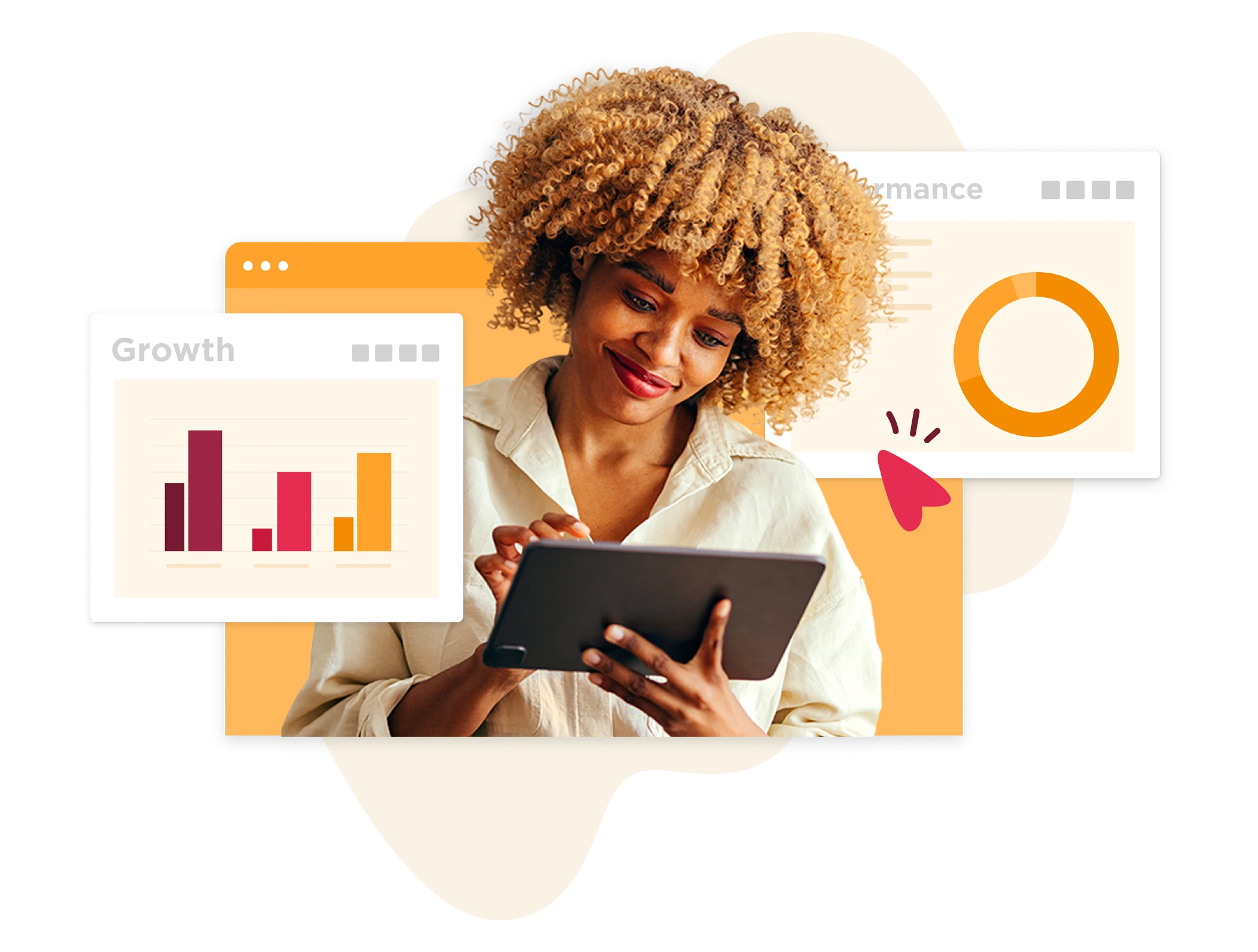 professional woman analyzing growth data on tablet, colorful charts and performance metrics in background