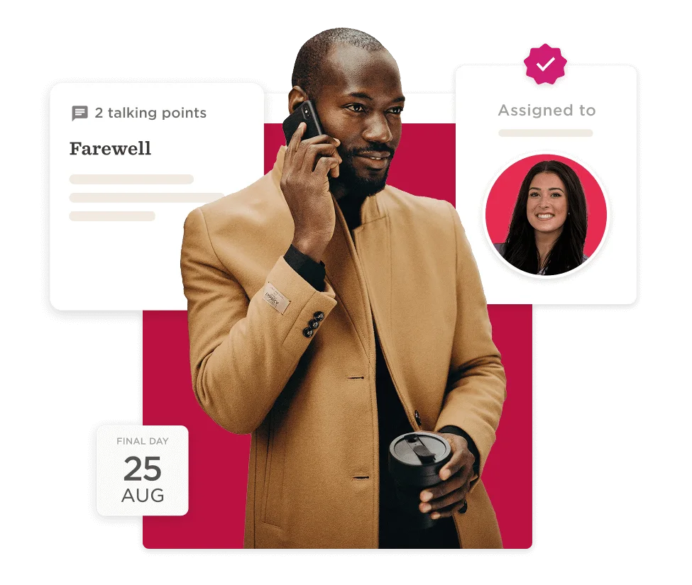 businessman talking on phone in stylish coat, project update on farewell discussion with assigned colleague image