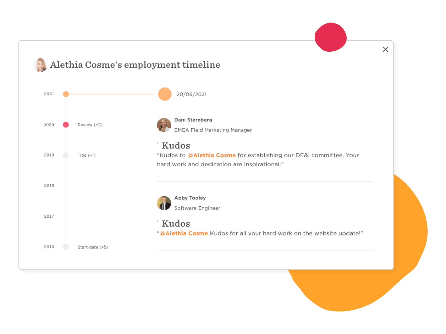 Alethia Cosme employment timeline with accolades and role progression from 2016 to 2021, showcasing professional growth., career timeline, employee recognition