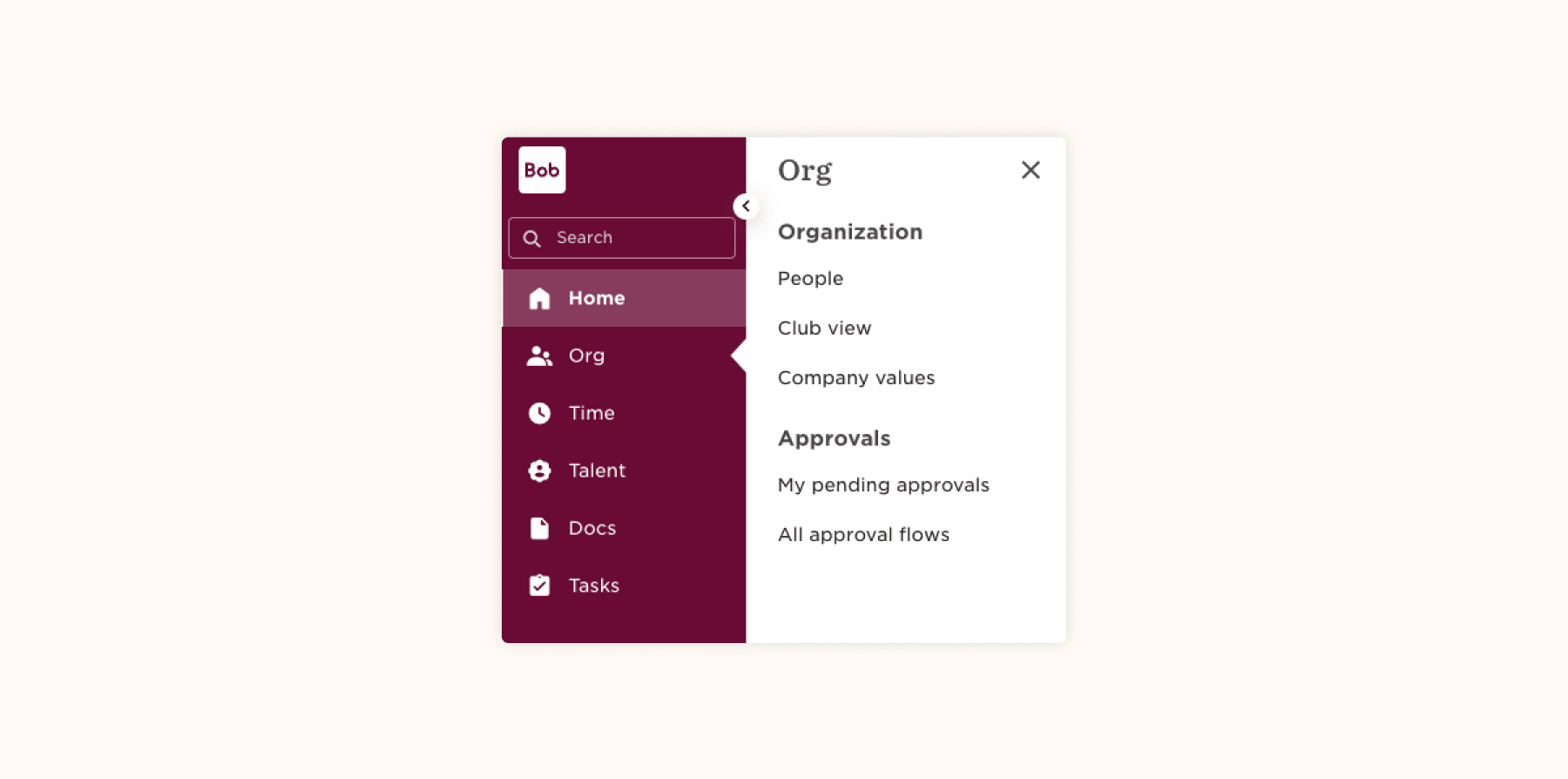 Bob interface with Org menu featuring sections for People, Club view, Company values, and Approvals. User-friendly design., Bob interface, Organization menu features