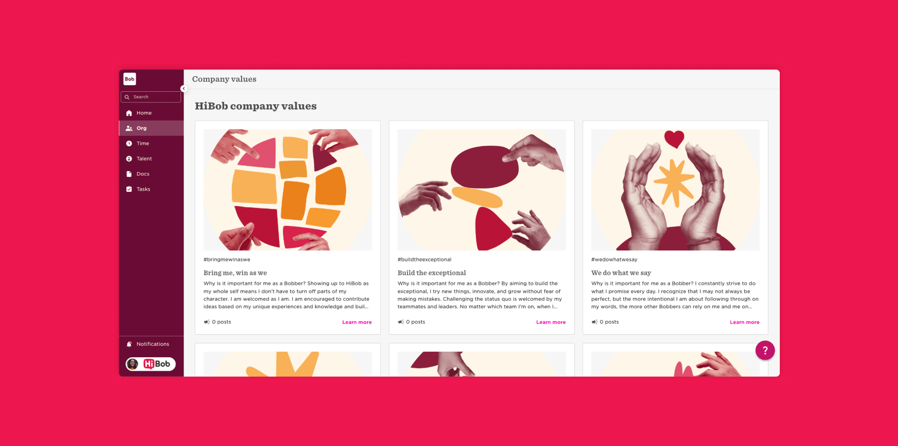 company values page with diverse illustrated hands representing collaboration, creativity, and integrity, HiBob brand identity, engaging design elements