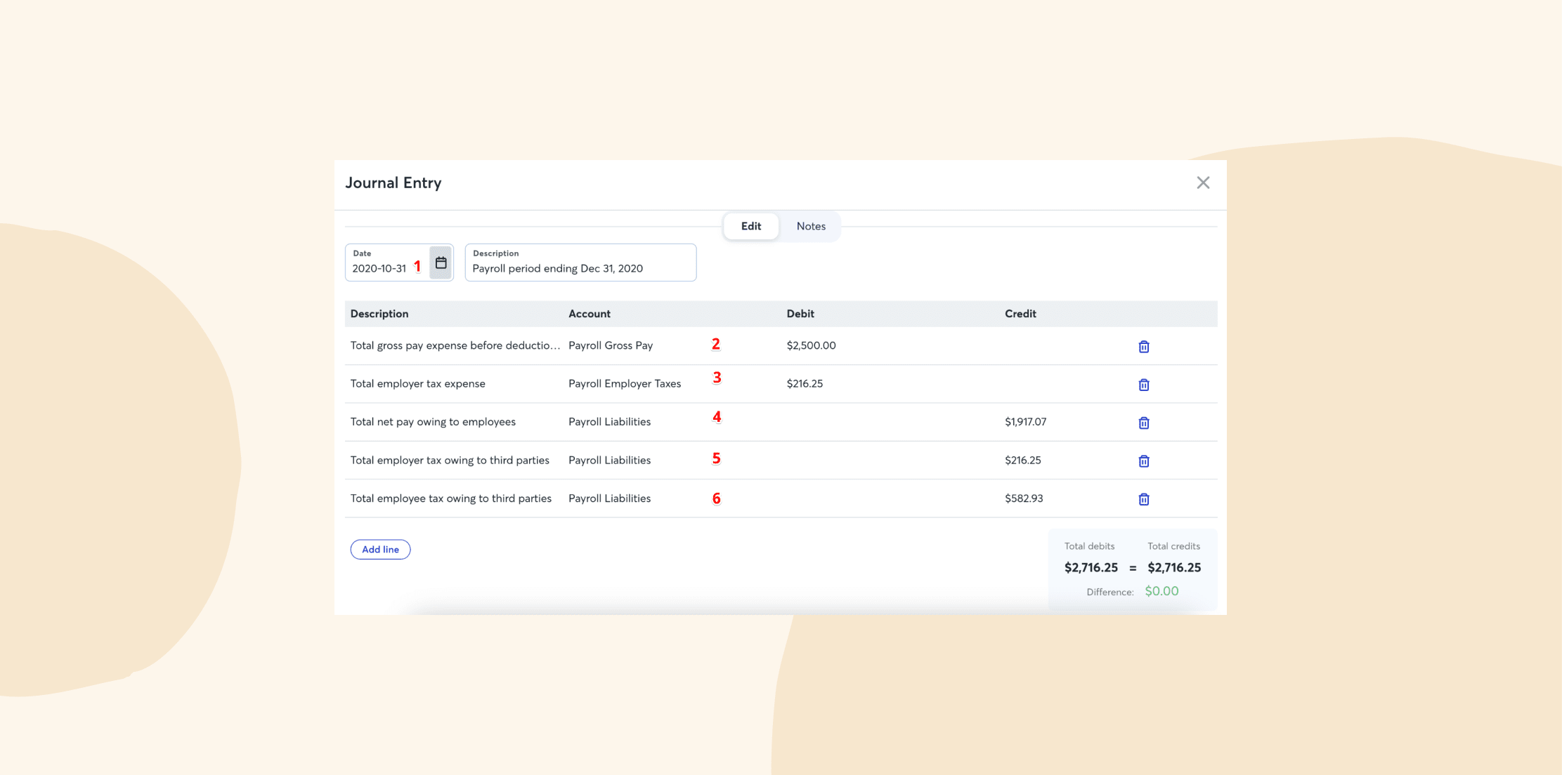 Journal entry showing payroll details: gross pay, employer taxes, net pay, liabilities, with totals for debit and credit. , journal-entry, payroll-management