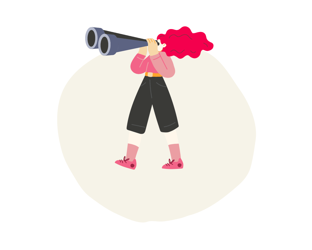 girl with pink hair uses binoculars, wearing a pink shirt and black shorts, set against a light circular background, girl binoculars illustration
