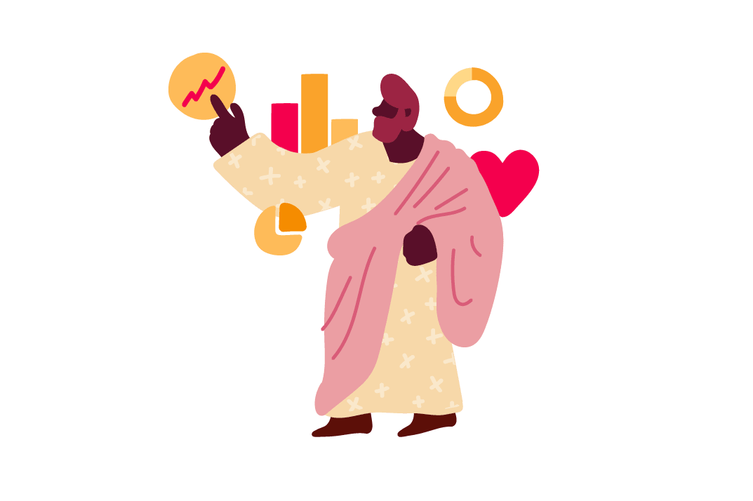 illustration of a figure in a robe holding a chart with upward trend, surrounded by colorful geometric elements, character displaying data analytics concepts with vibrant backgrounds
