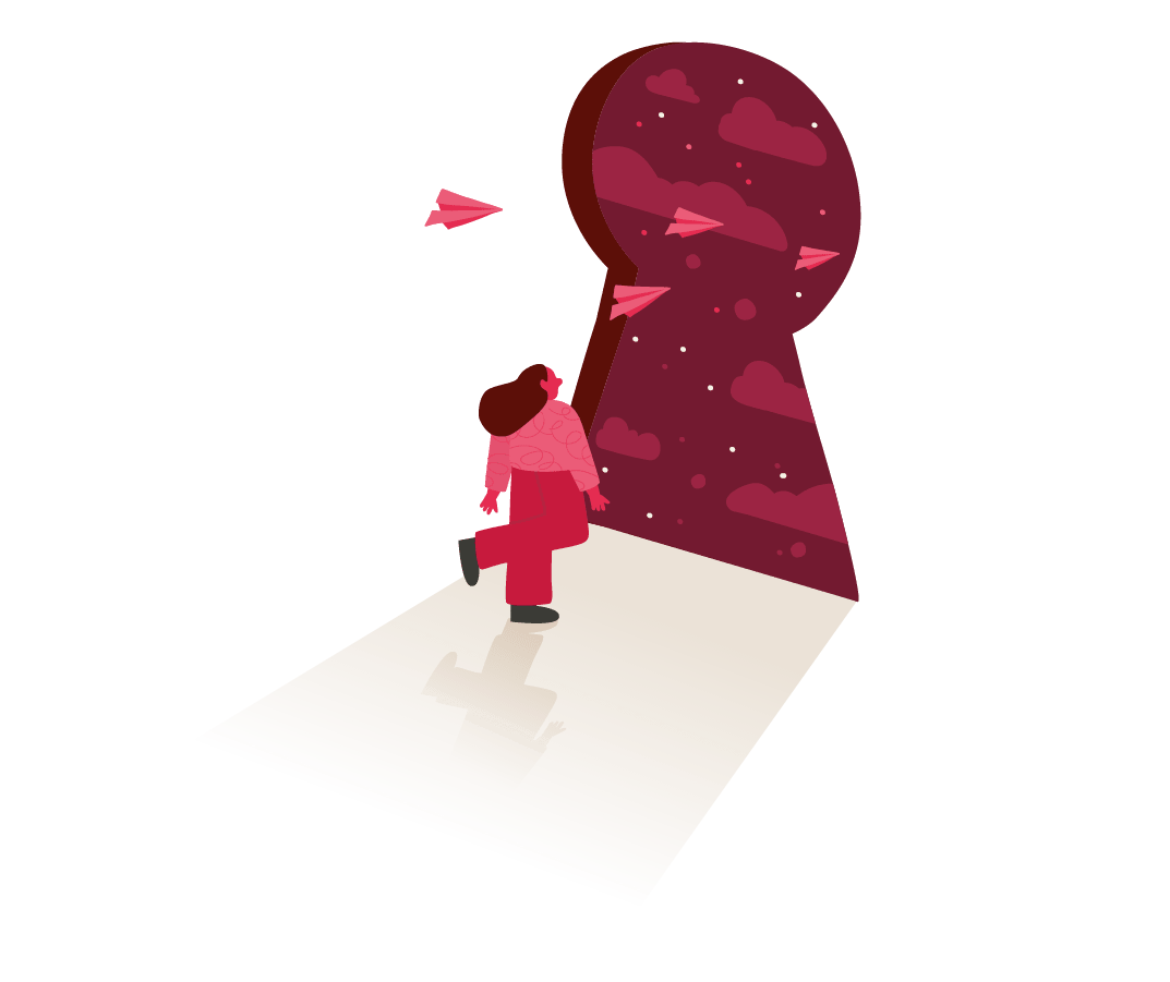 woman, keyhole, paperairplanes, dreamylandscape