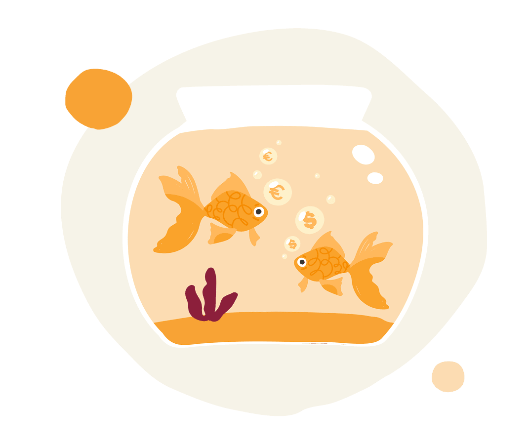 goldfish in a bowl with bubbles and aquatic plants, playful illustration setting, colorful fish swimming in a cozy tank