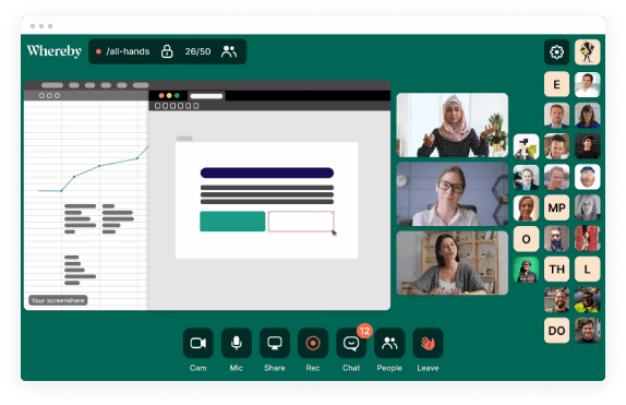 screen sharing video call with participants, online collaboration on presentation and data analysis, virtual meeting interface with chat and tools